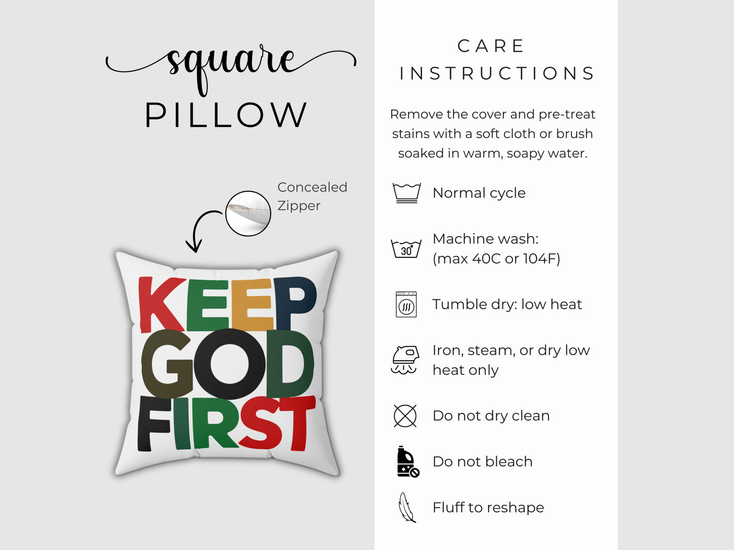 Square pillow with 'KEEP GOD FIRST' text and care instructions on a white background