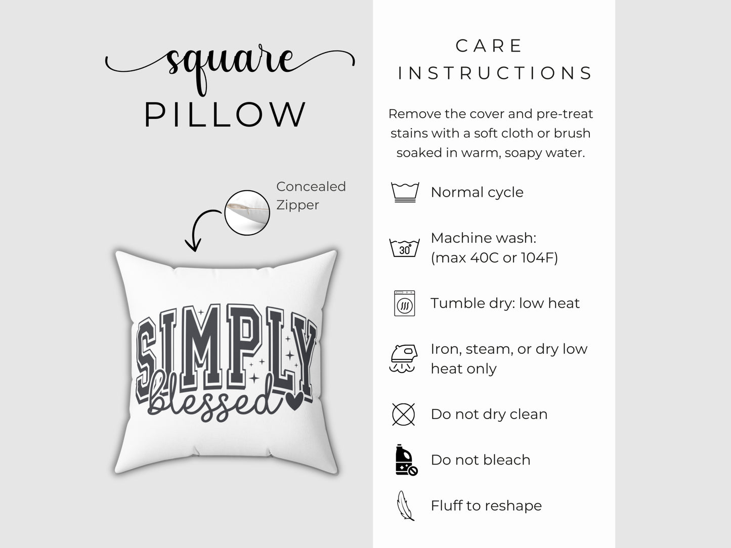White pillow with 'Simply Blessed' text and care instructions on a gray background