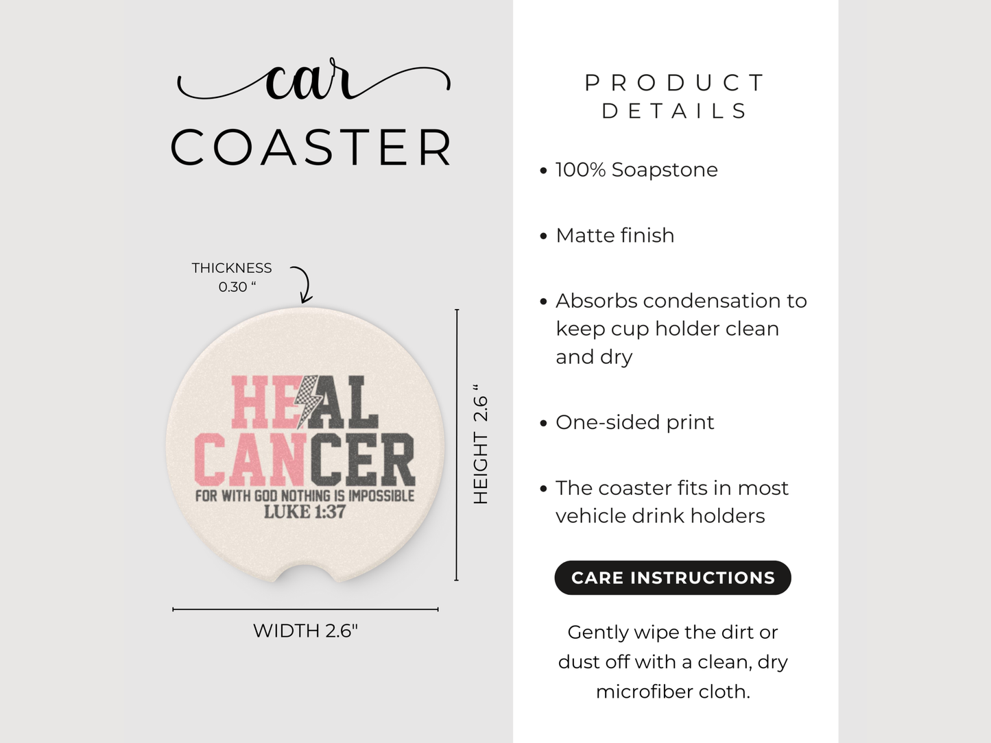 Car coaster with 'Heal Cancer' message and product details on a white background