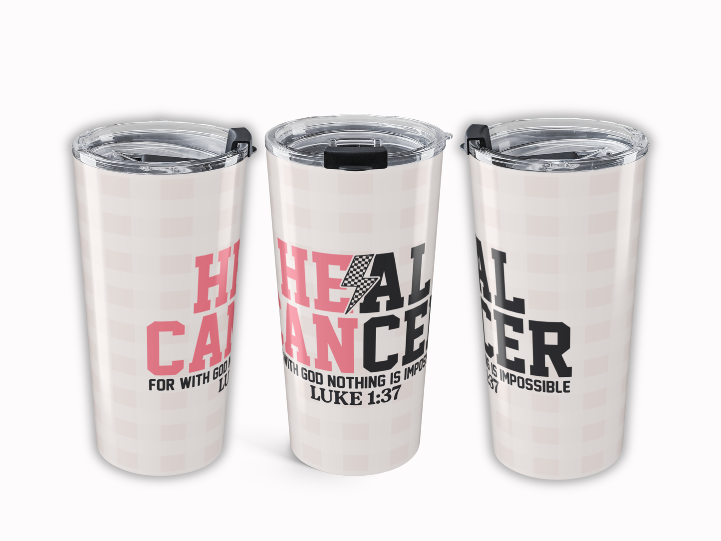 Three pink plaid tumblers with motivational phrases on a white background