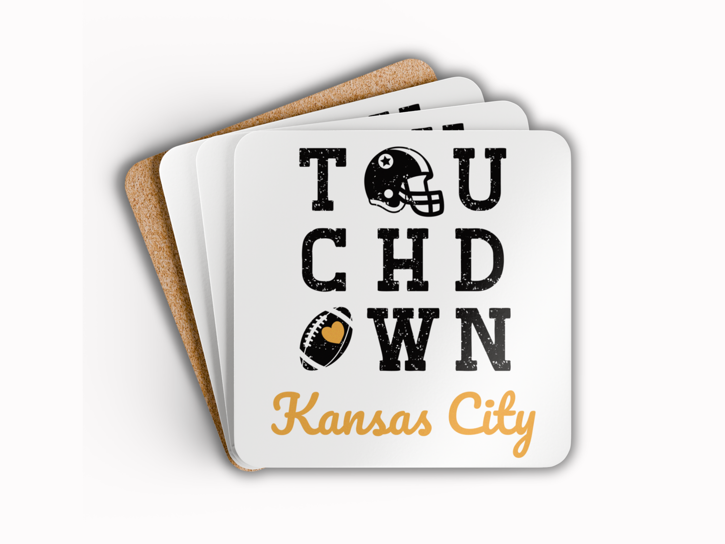 Set of coasters with 'Touchdown Kansas City' design on a white background