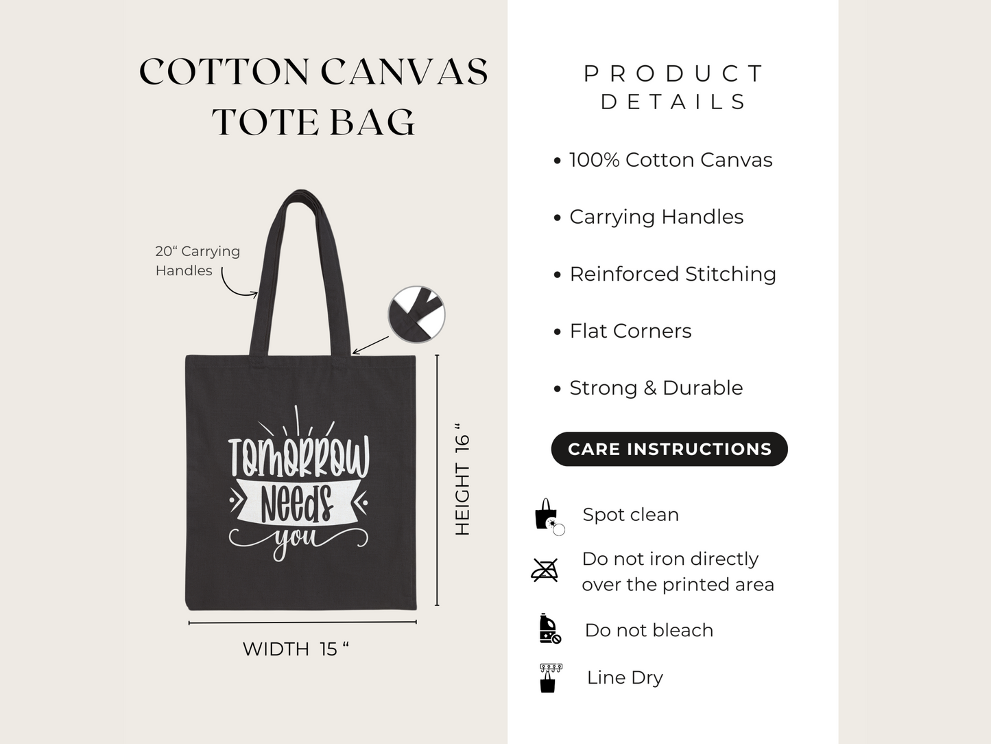 Black cotton canvas tote bag with "Tomorrow Needs You" printed in white. It features 20" handles, reinforced stitching, and measures 15" by 16". Product details and care instructions, such as spot cleaning, are listed beside it. The tone is practical and motivational.