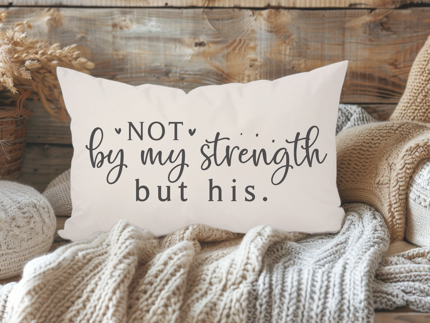 A cozy setup with a white pillow featuring the text "Not by my strength but his" in elegant script, surrounded by knitted blankets and rustic wooden decor.