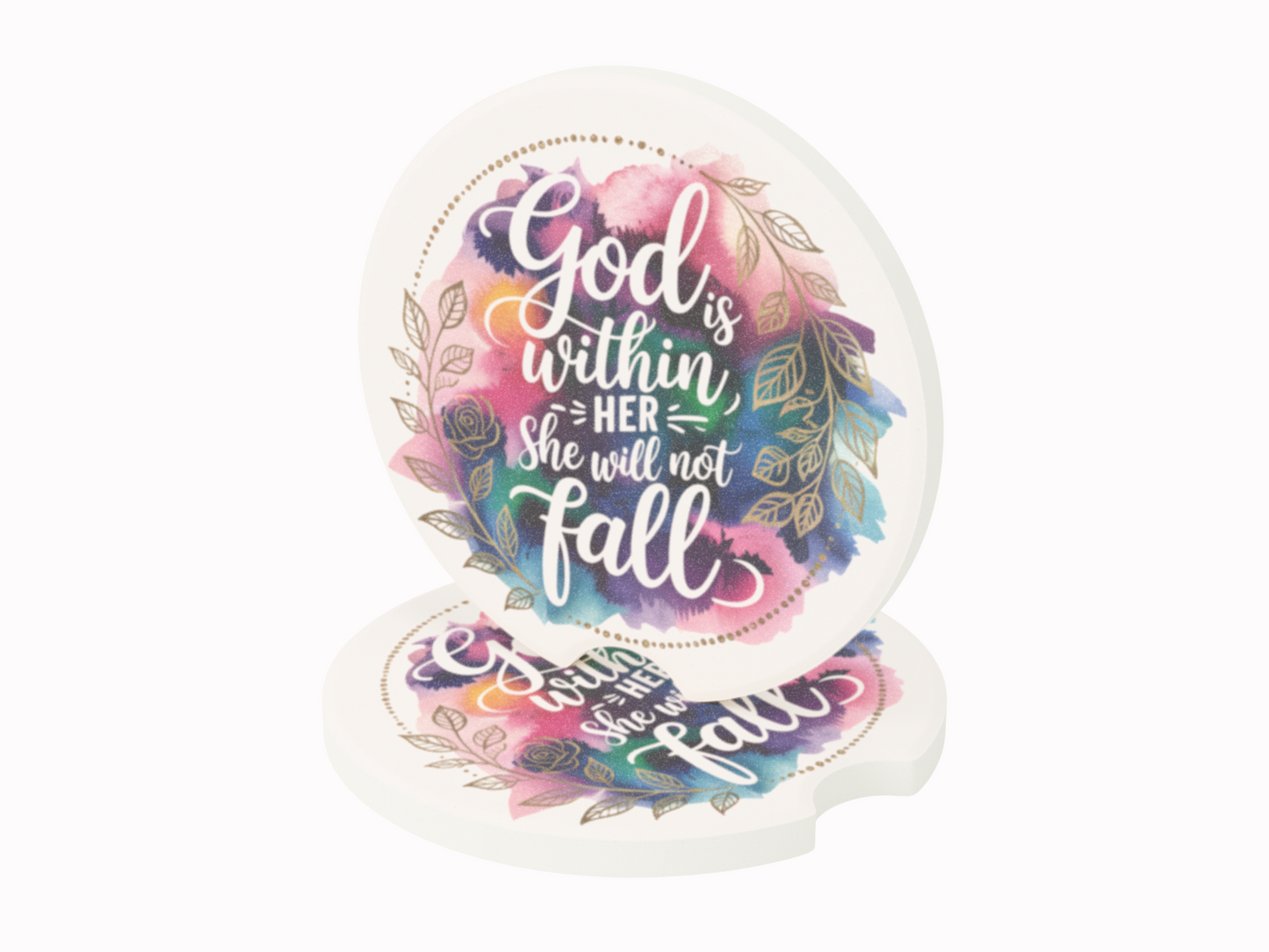 Two round coasters with watercolor backgrounds and gold leaf accents. The text reads, "God is within her; she will not fall." The tone is uplifting and inspirational.
