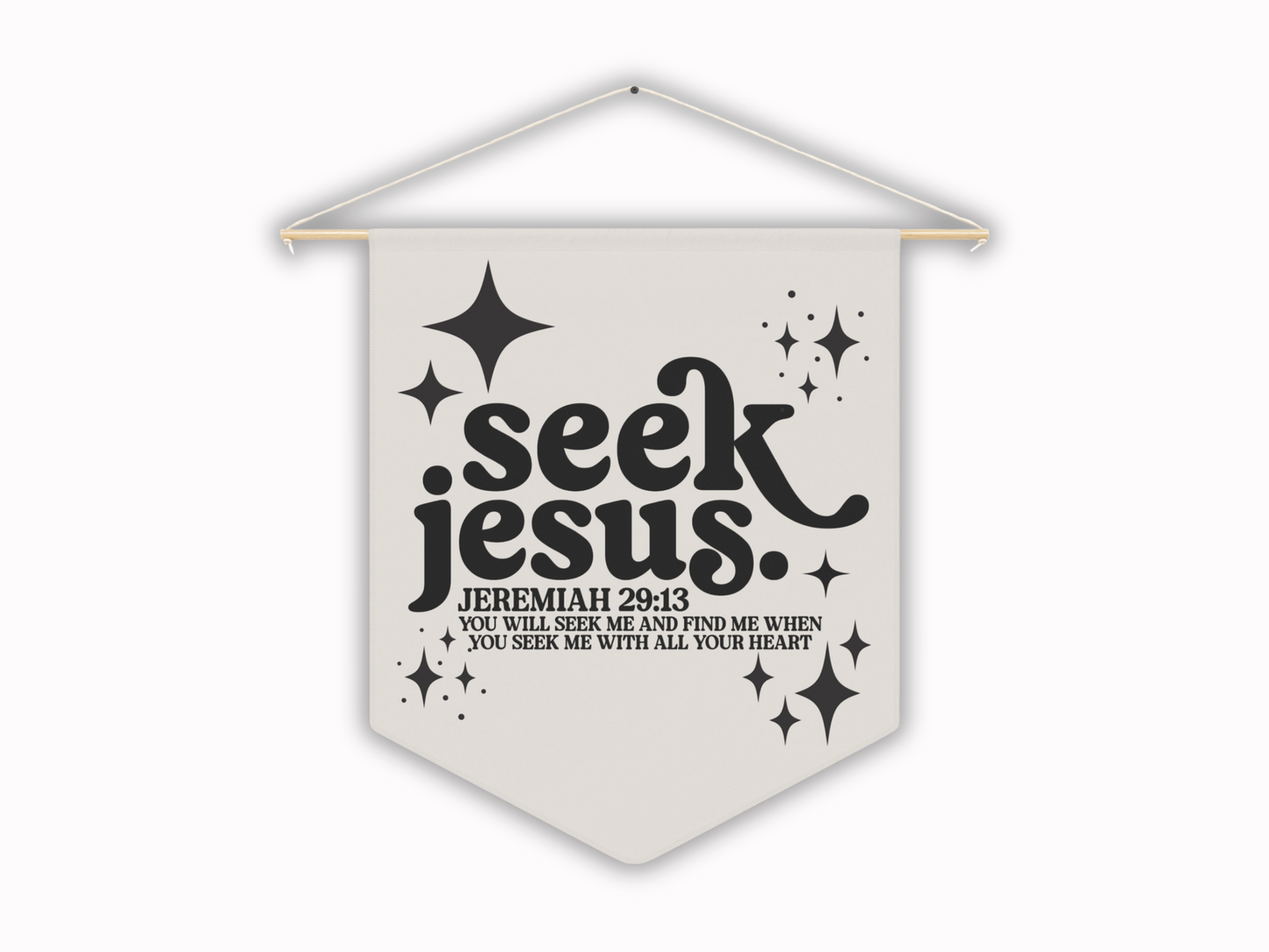 Decorative banner with 'seek Jesus' text and stars on a white background