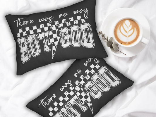 Two black pillows with white text and checkered flag design on a white surface with a cup of coffee.