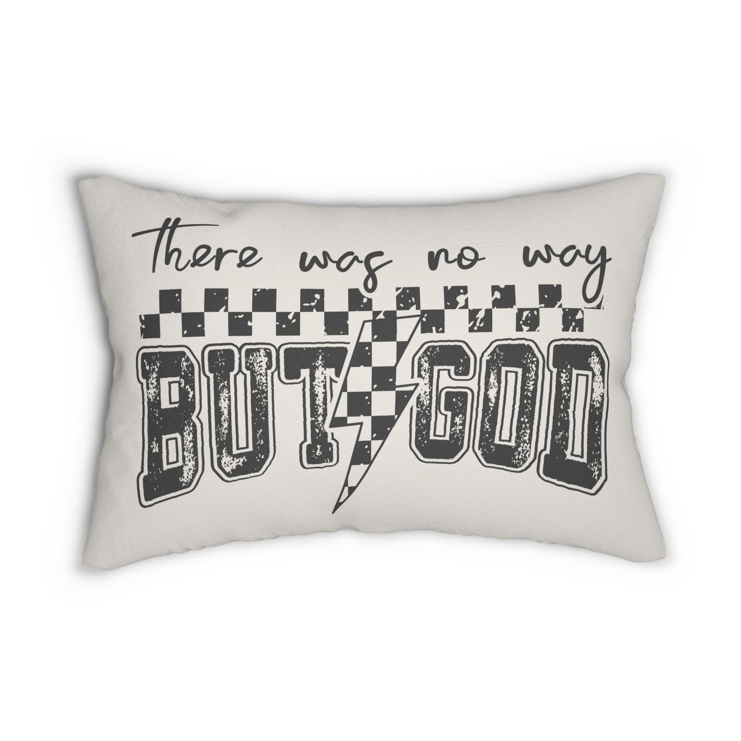 Decorative pillow with text and lightning bolt design on a white background