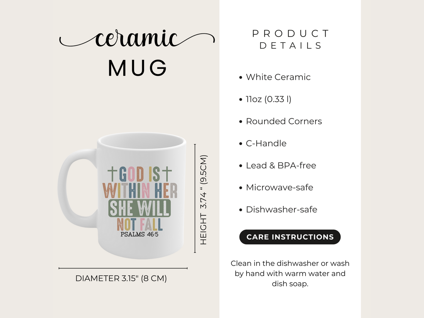 White ceramic mug with colorful text design on a light beige background