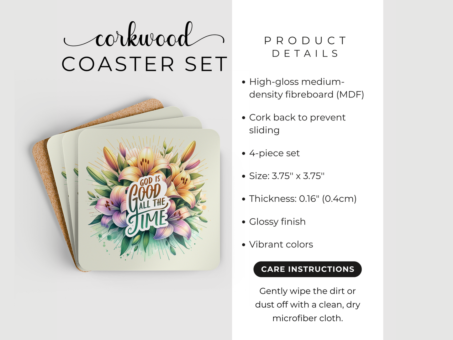 Product display of corkwood coaster set featuring floral “God is Good All the Time” design with details, size, and care instructions.
