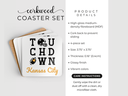 Corkwood coaster set with 'Touchdown Kansas City' design on a white background