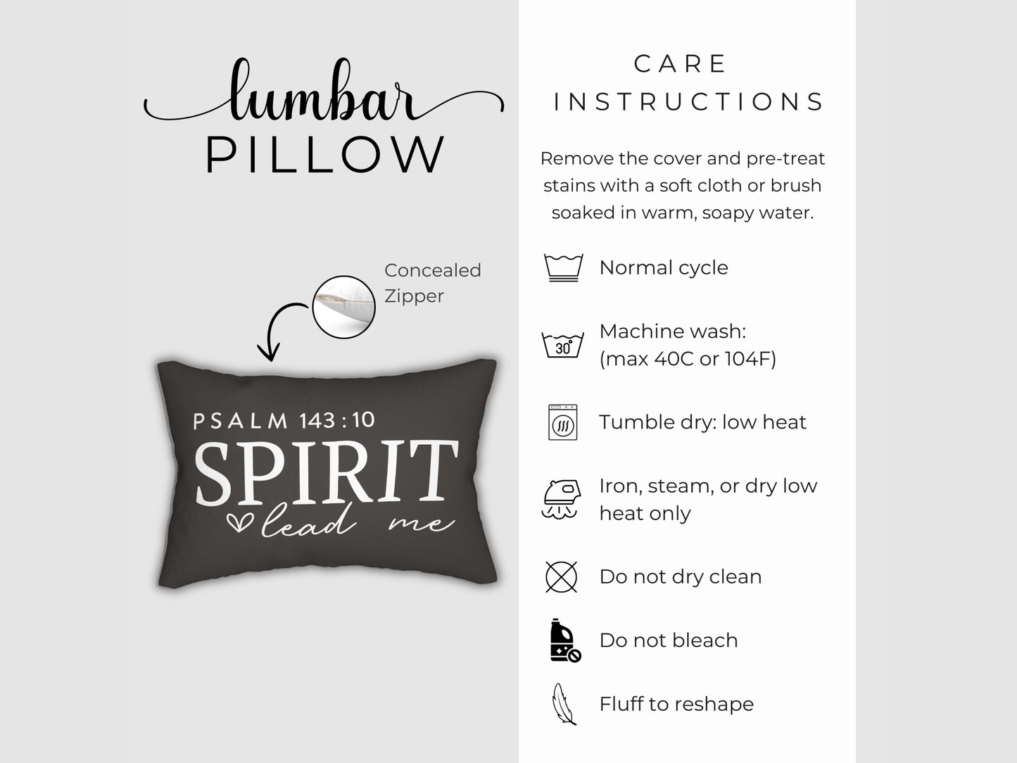 Lumbar pillow with 'Psalm 143:10 Spirit Lead Me' text and care instructions on a white background
