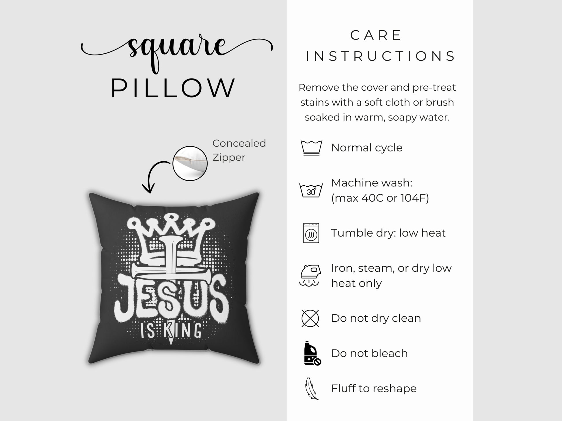 Black pillow with 'Jesus is King' text and care instructions on a gray background