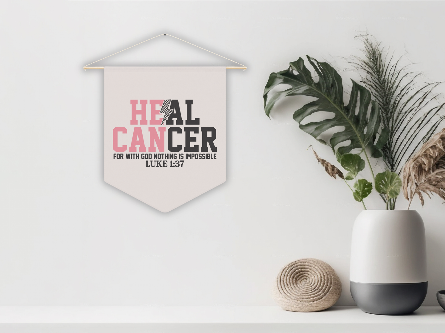 Decorative banner with 'HEAL CANCER' text on a wall with plants and decor items.
