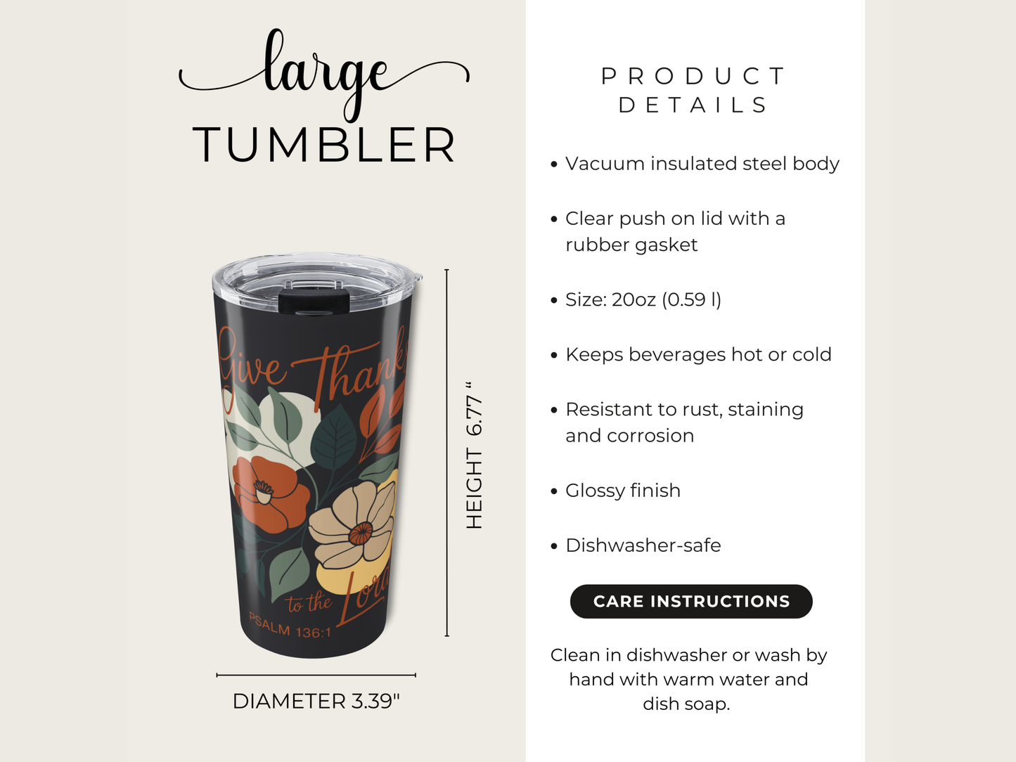 Vacuum insulated steel tumbler with floral design and product details on a light gray background