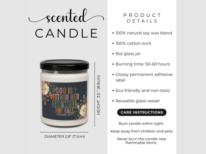 Scented candle with product details on a white background