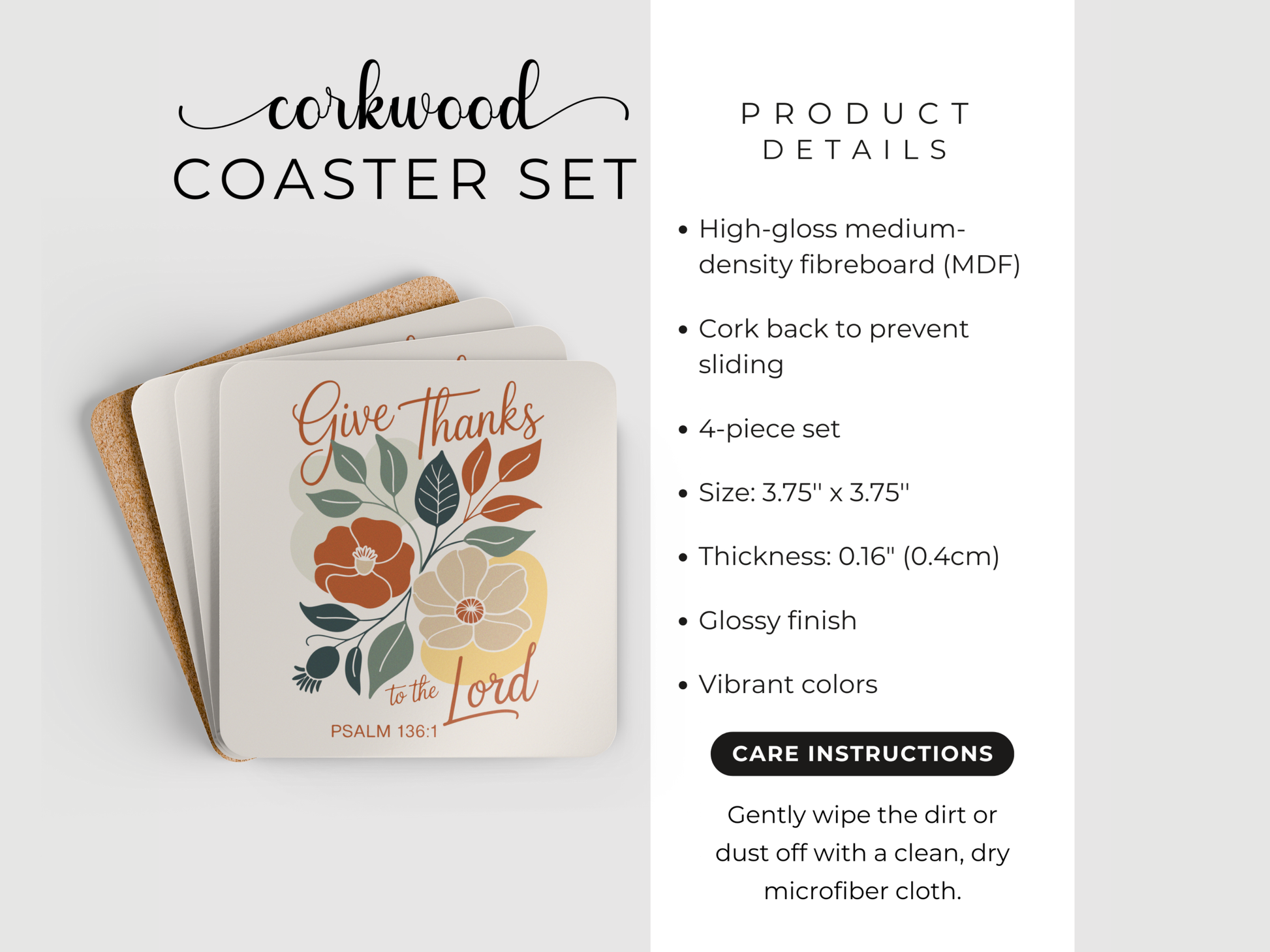 Corkwood coaster set with floral design and product details on a white background