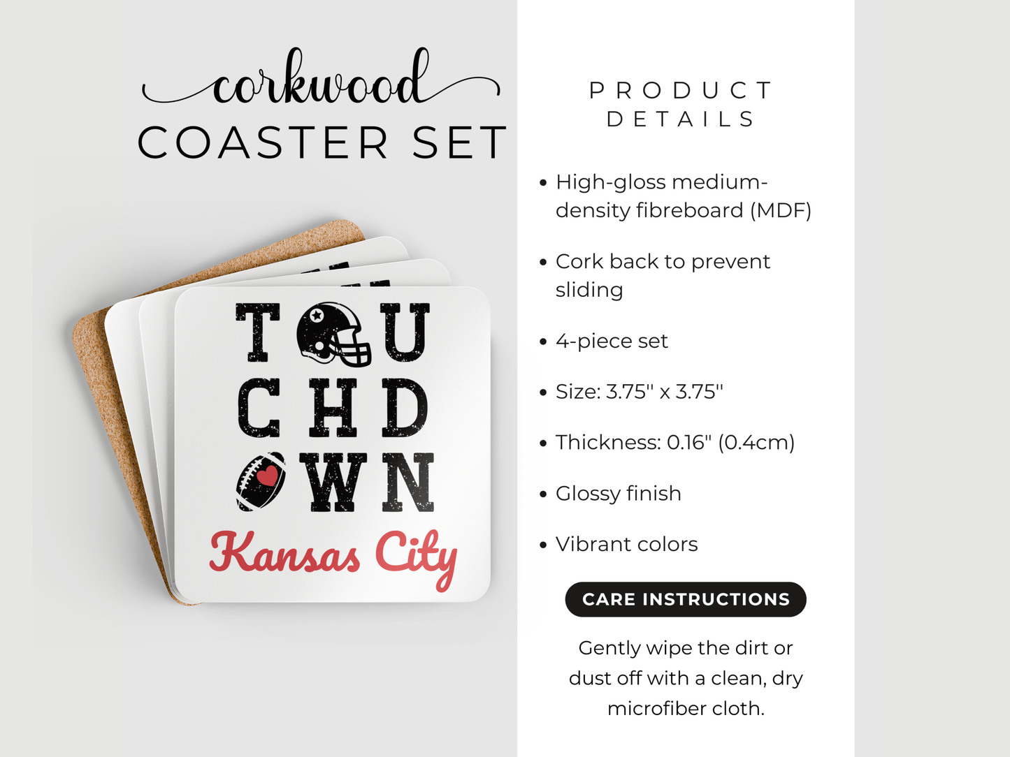 Corkwood coaster set with 'Touchdown Kansas City' design on a white background