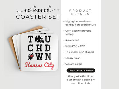 Corkwood coaster set with 'Touchdown Kansas City' design on a white background