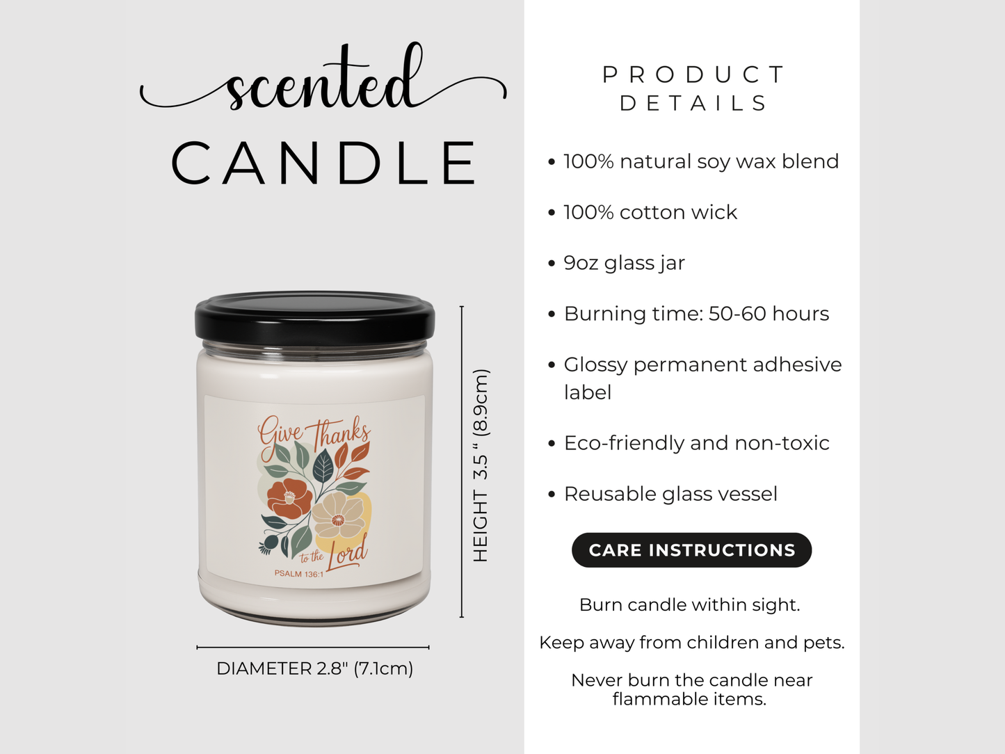 Scented candle with product details on a white background