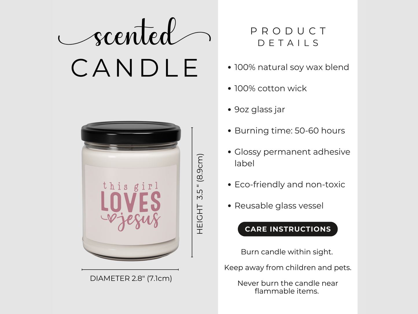 Scented candle with 'this girl LOVES Jesus' text on a white background