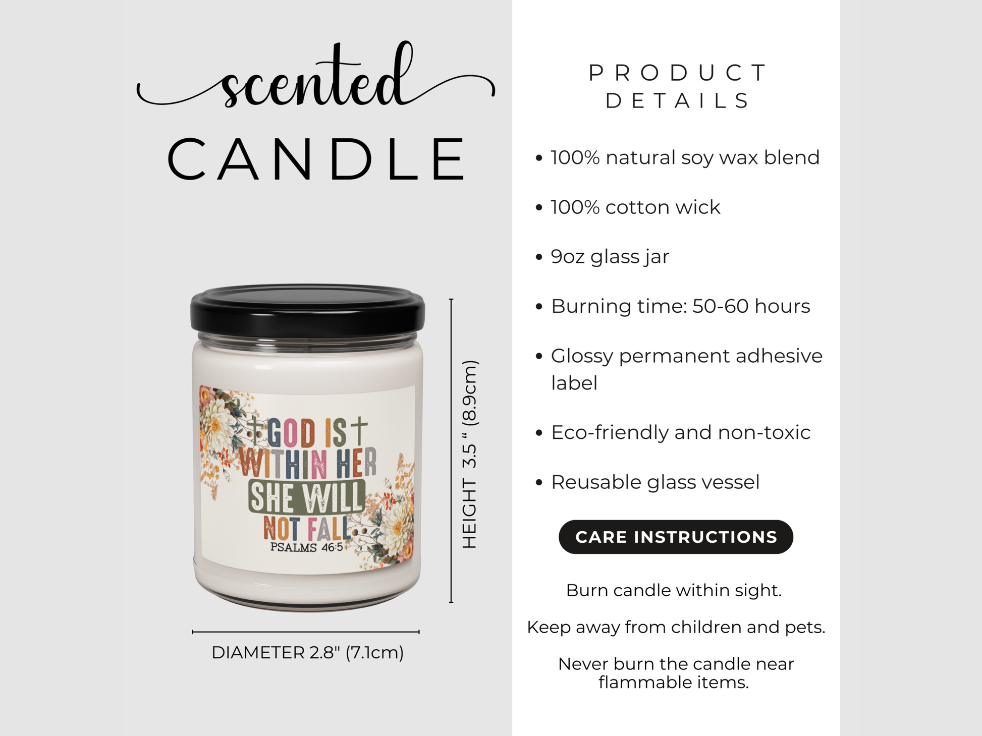 Scented candle with product details on a white background