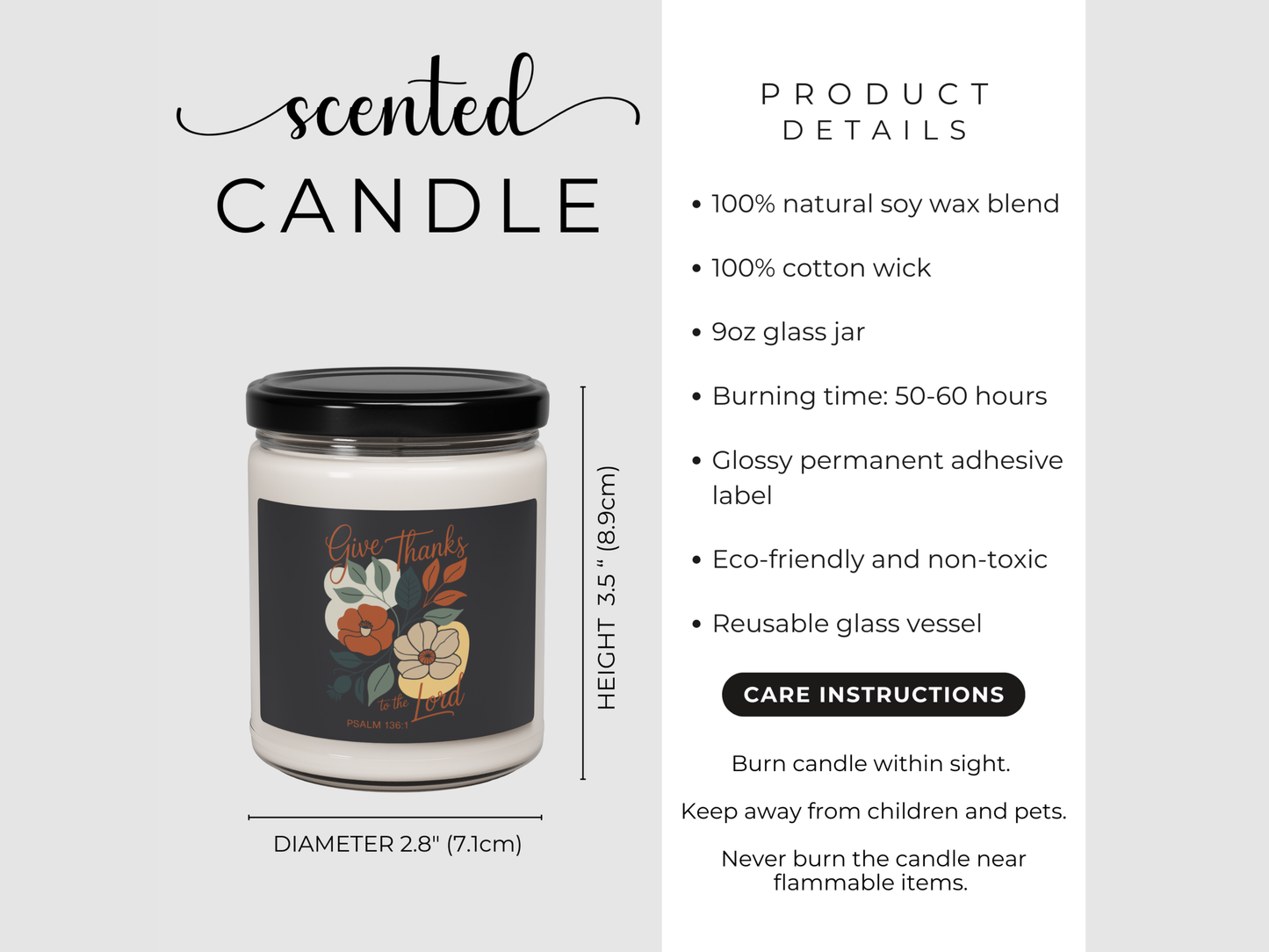 Product details for a scented candle on a white background.