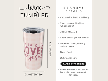 Vacuum insulated steel tumbler with text and product details on a white background
