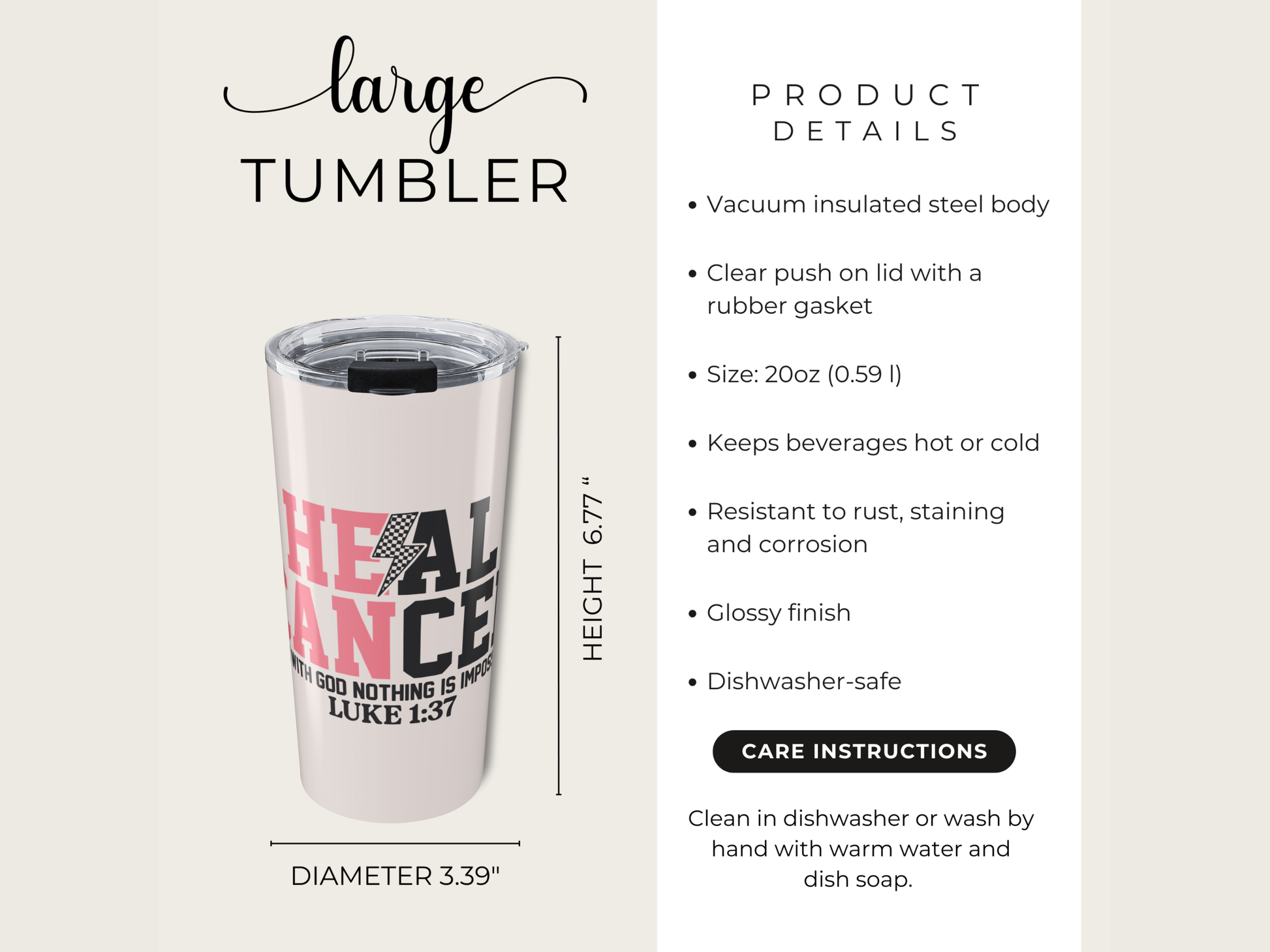 Vacuum insulated steel tumbler with text and product details on a white background