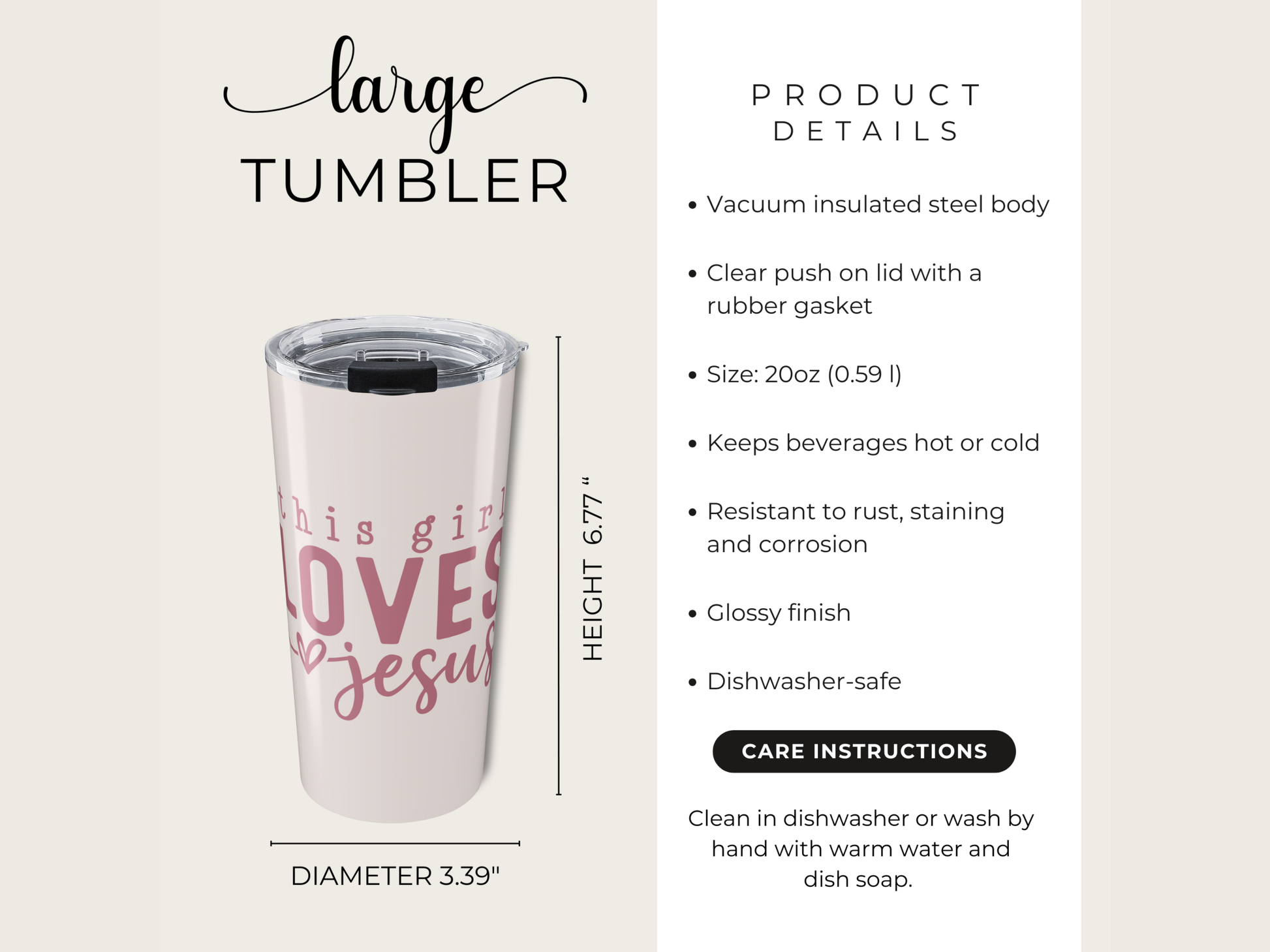 Vacuum insulated steel tumbler with text and product details on a white background