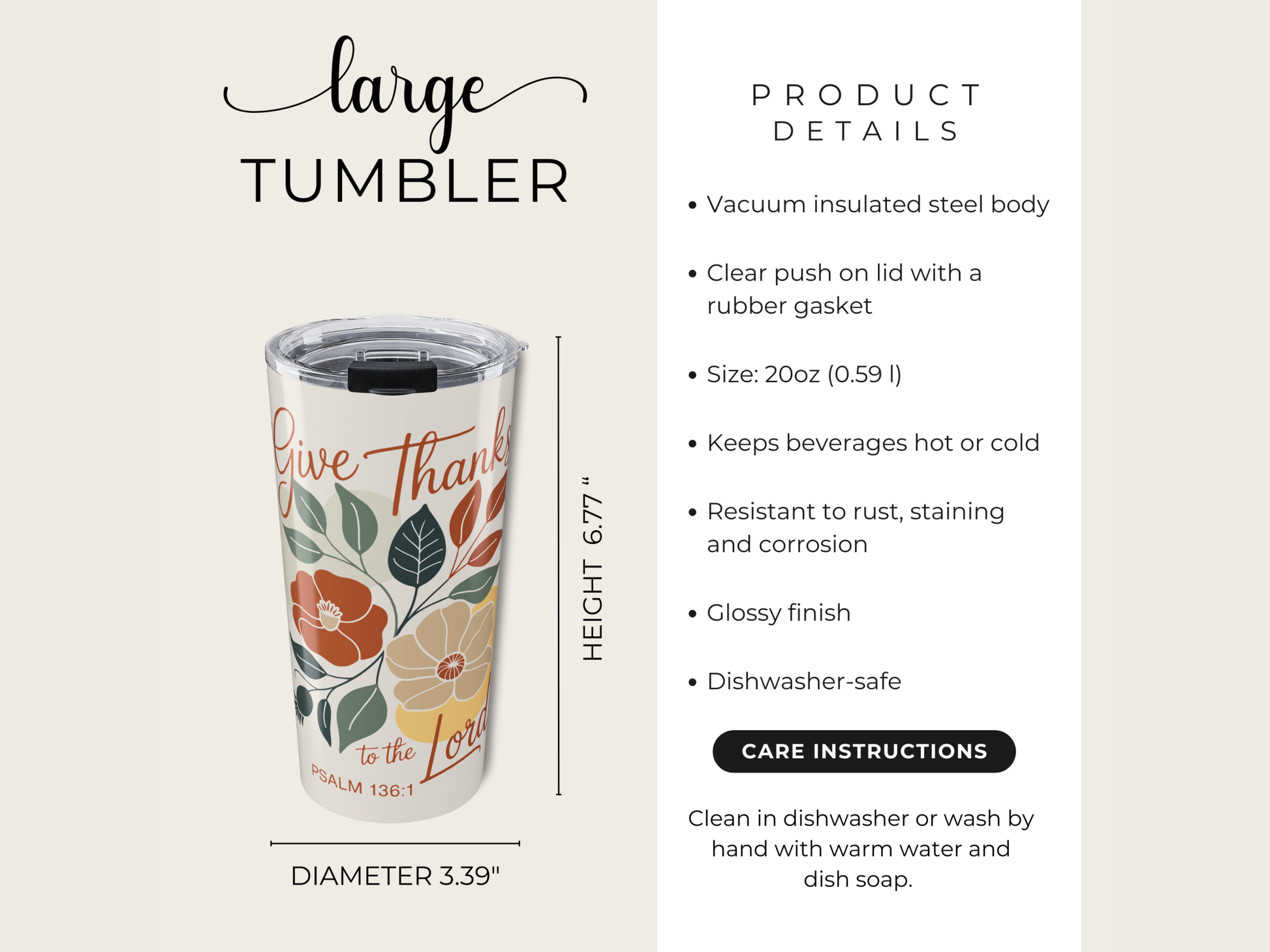 Vacuum insulated steel tumbler with floral design and product details on a white background