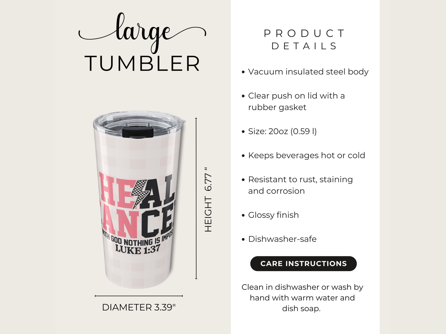 Vacuum insulated steel tumbler with text and product details on a white background