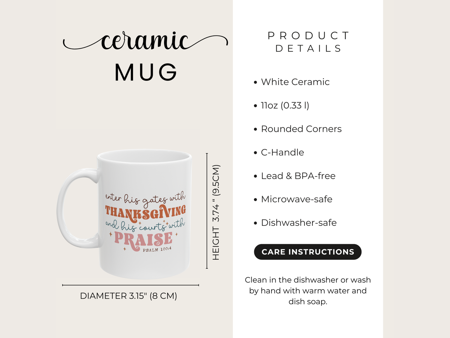 White ceramic mug with text, product details on a beige background