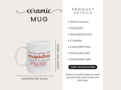 White ceramic mug with text, product details on a beige background