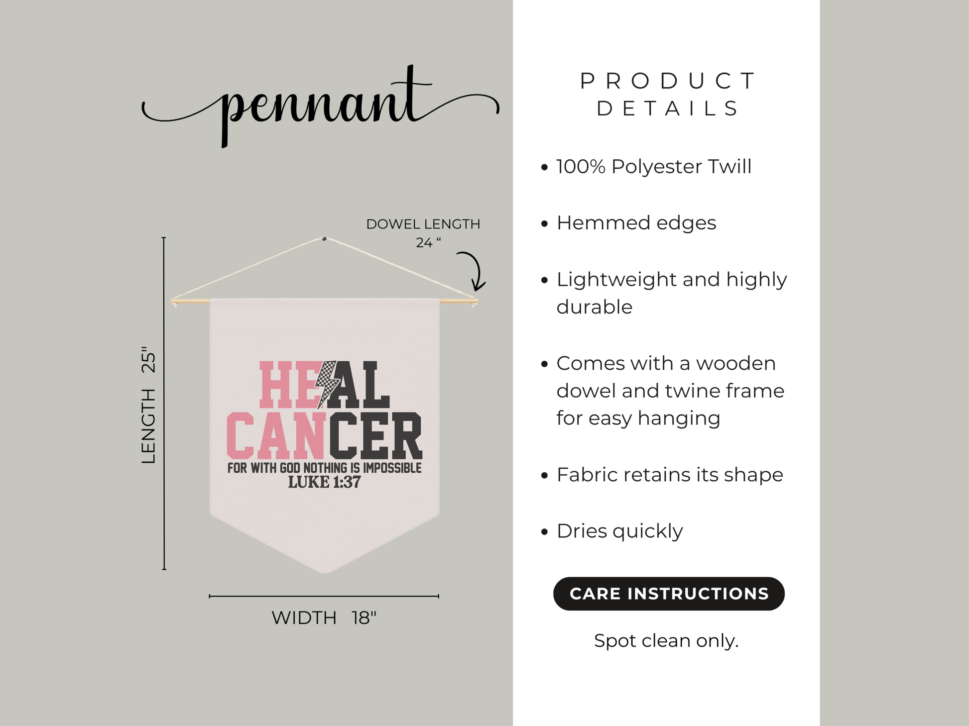 Pennant product details with text and dimensions on a gray background