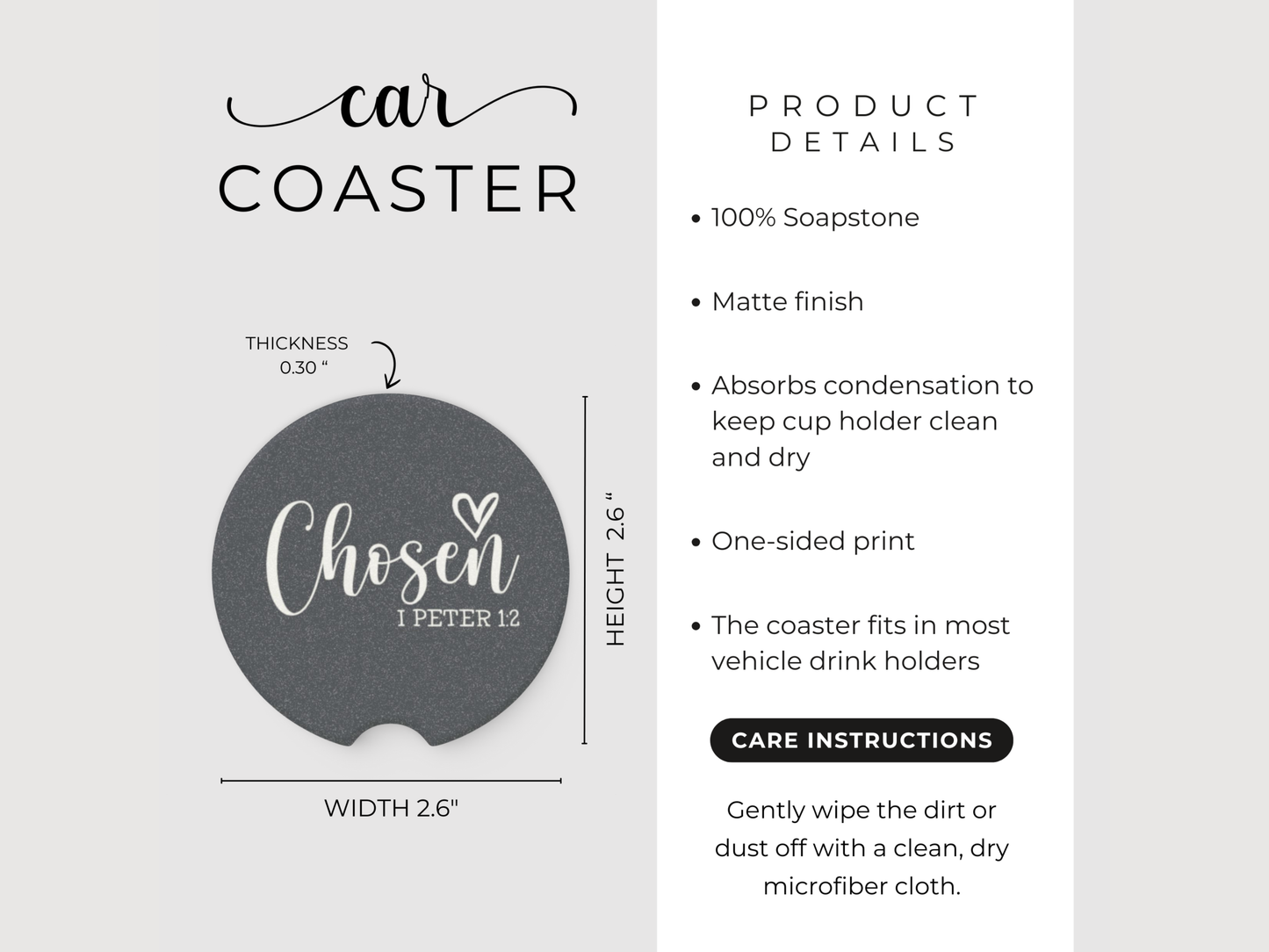 Product details of a car coaster with text on a white background