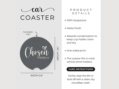 Product details of a car coaster with text on a white background