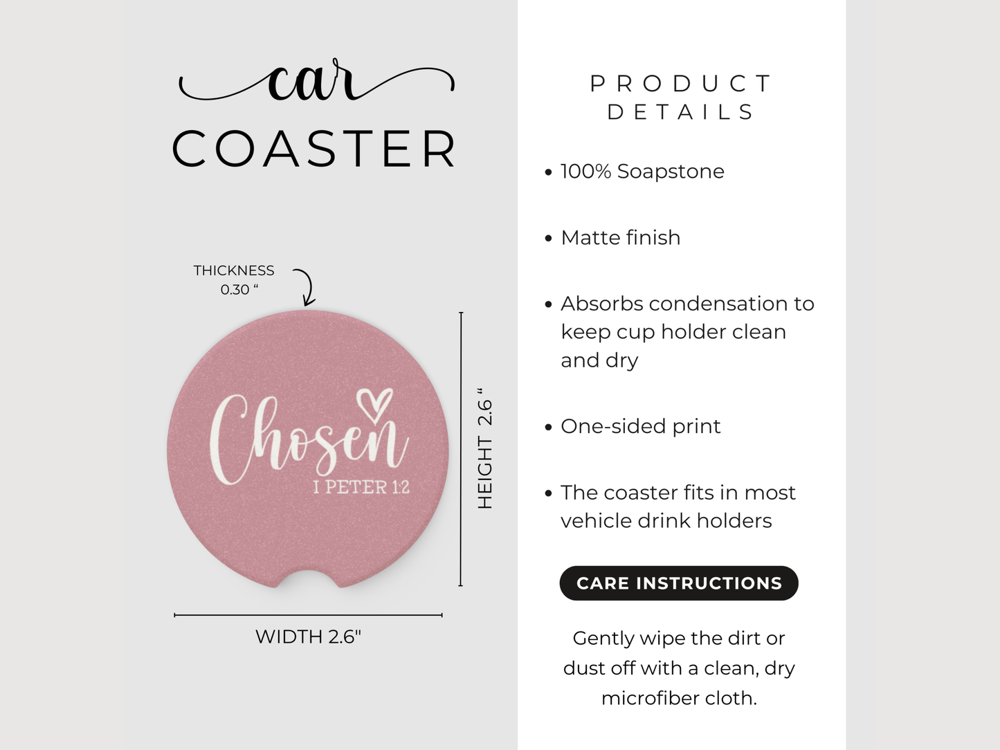 Product details of a car coaster with text on a white background