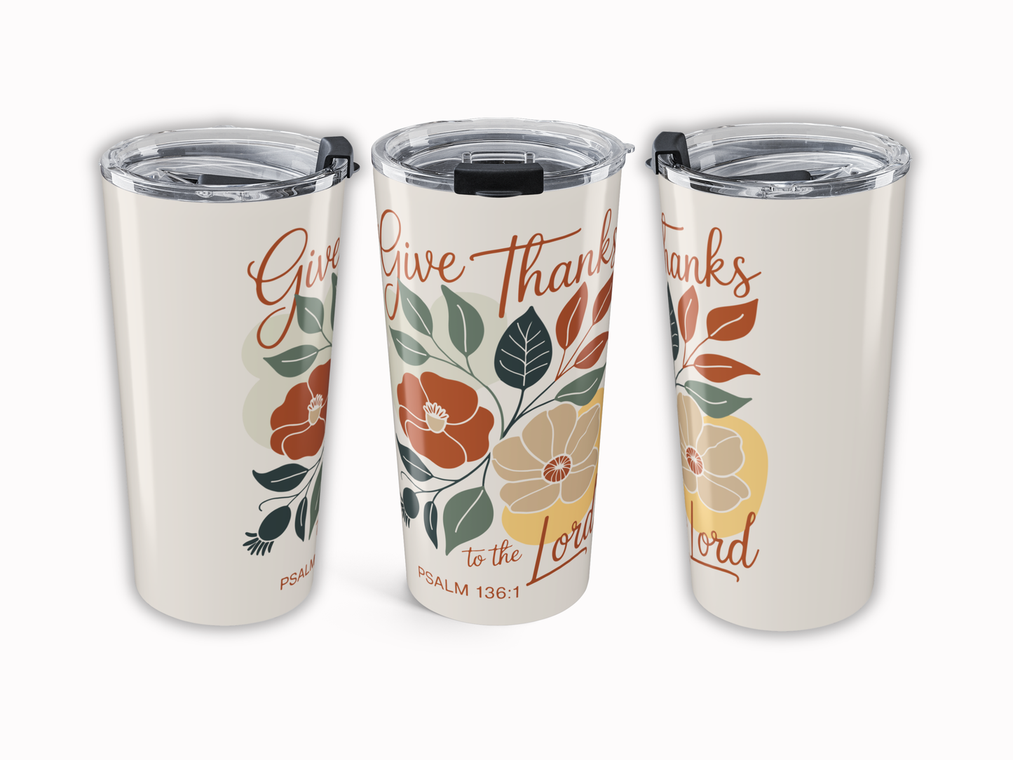 Three insulated tumblers with floral designs and text on a white background