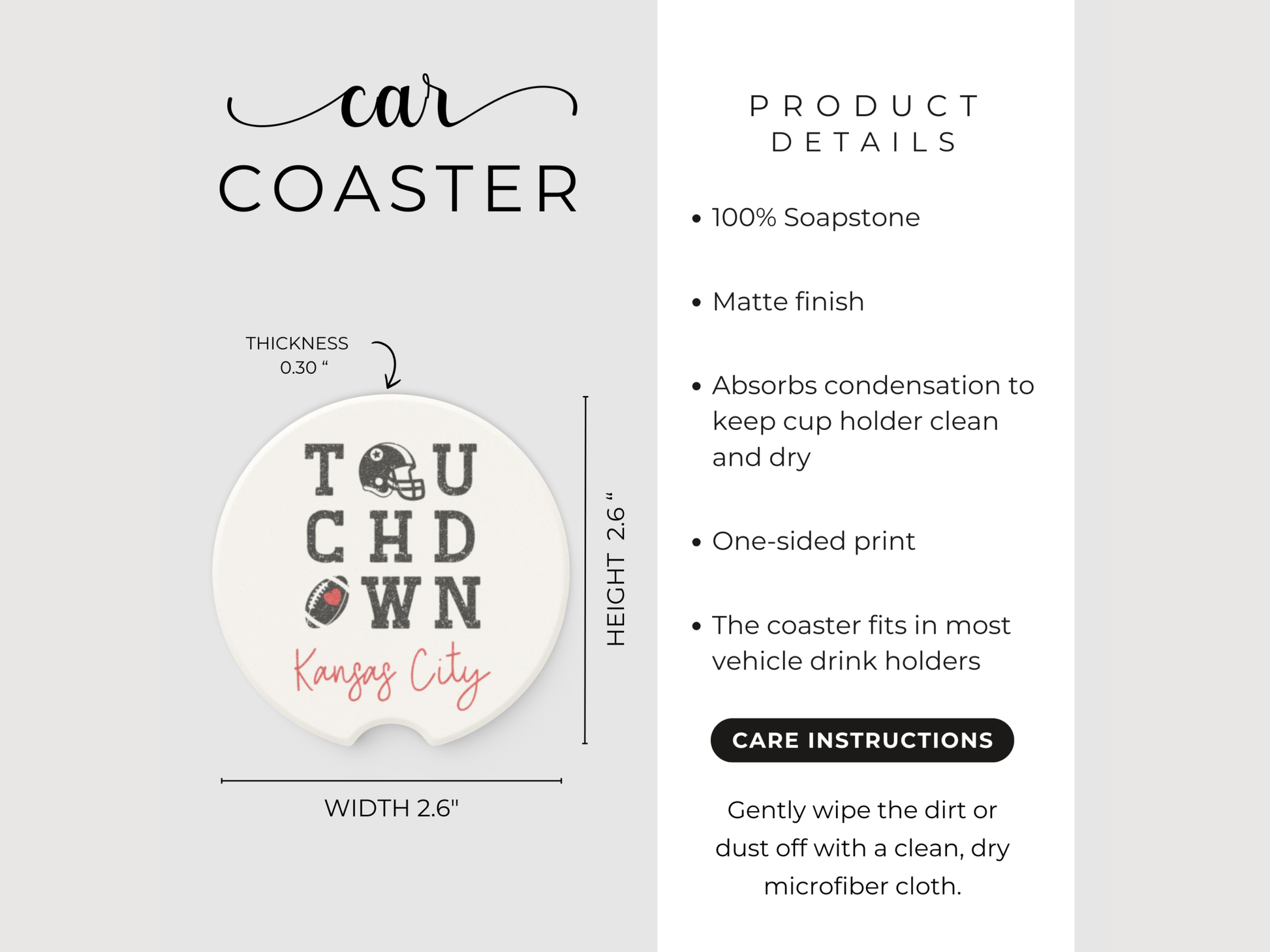 Car coaster product details with dimensions and features on a white background