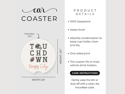 Car coaster product details with dimensions and features on a white background