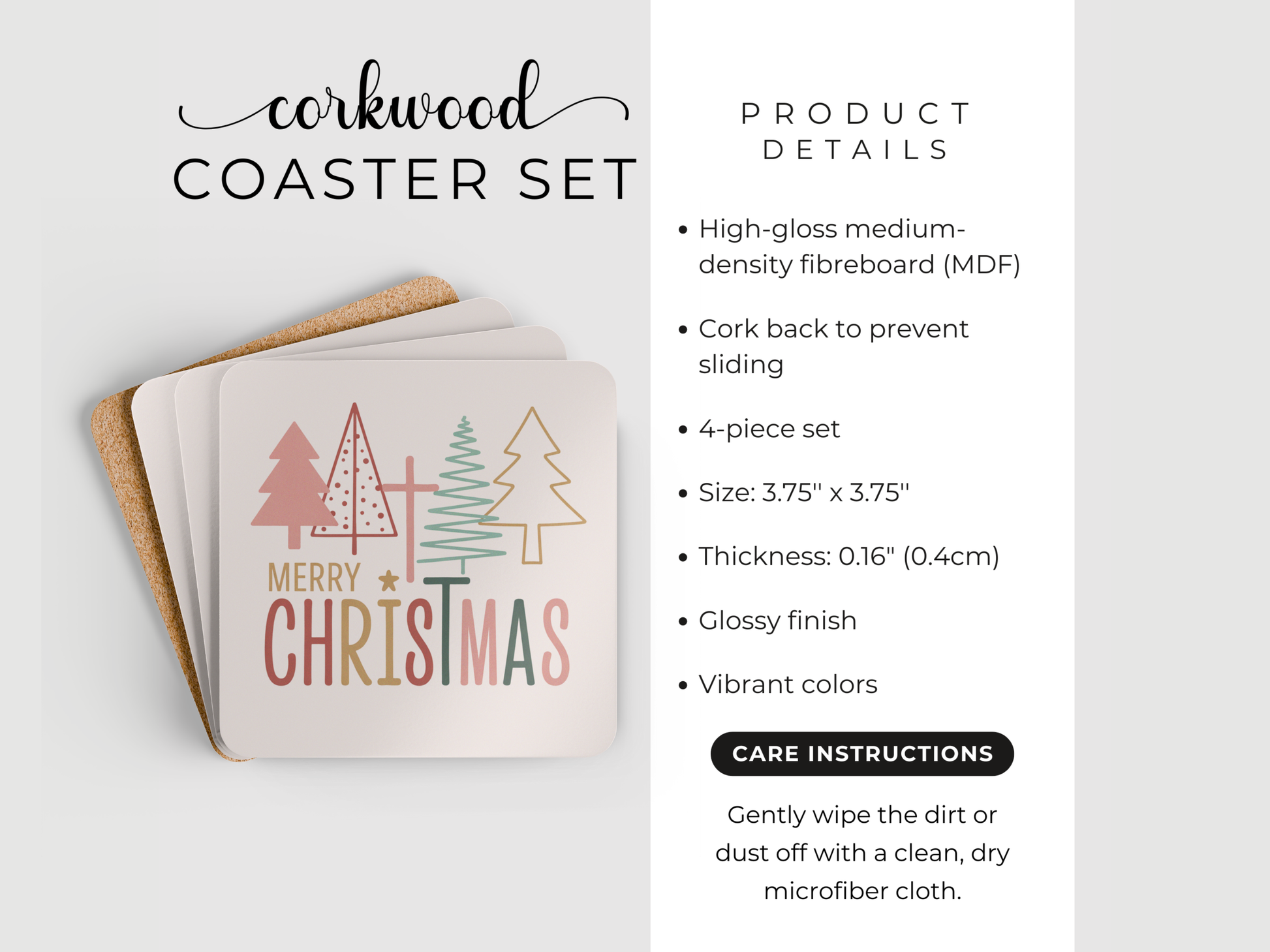 Corkwood coaster set with Christmas design on a white background
