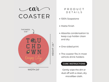 Product details of a car coaster with a red circle and text on a white background