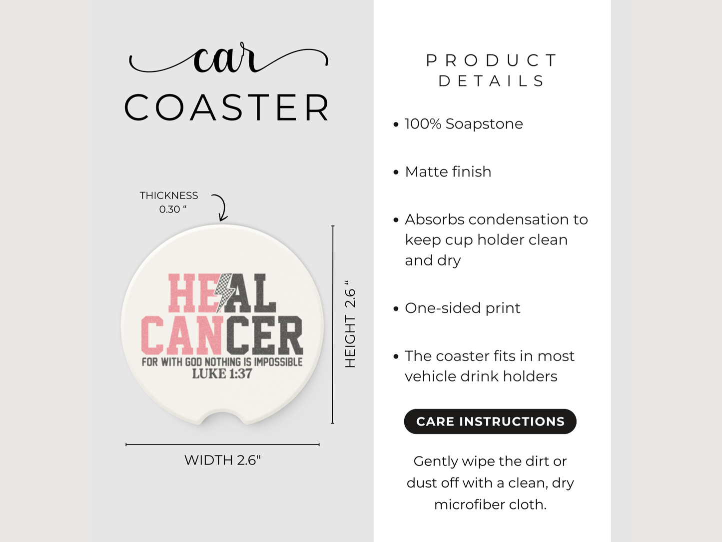 Car coaster product details with 'Heal Cancer' design on a white background