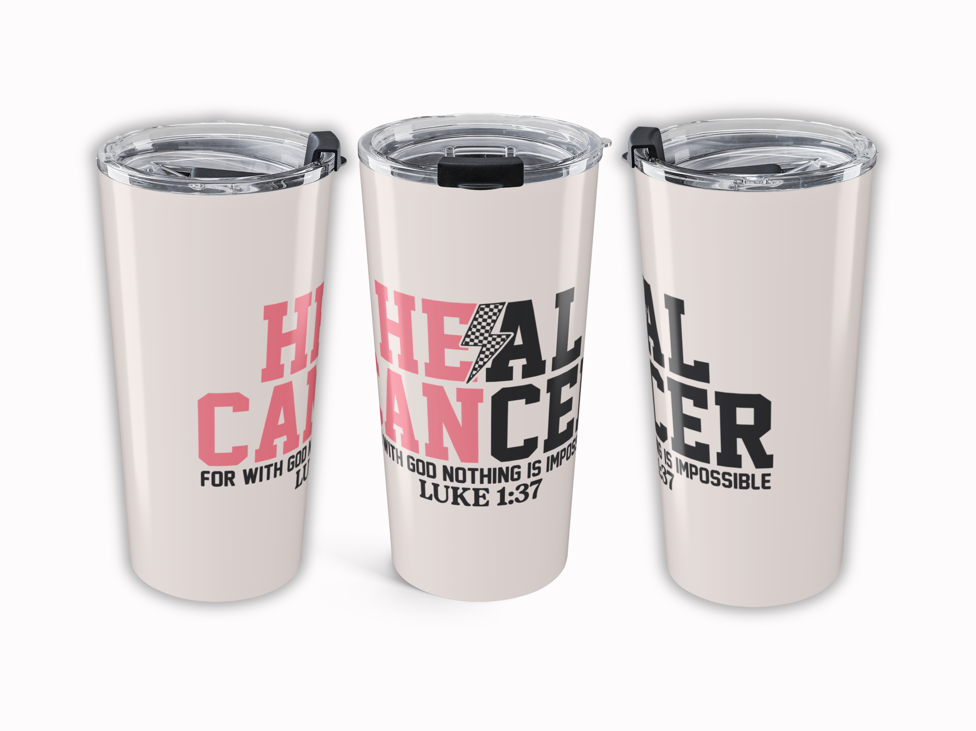 Three pink tumblers with motivational text on a white background