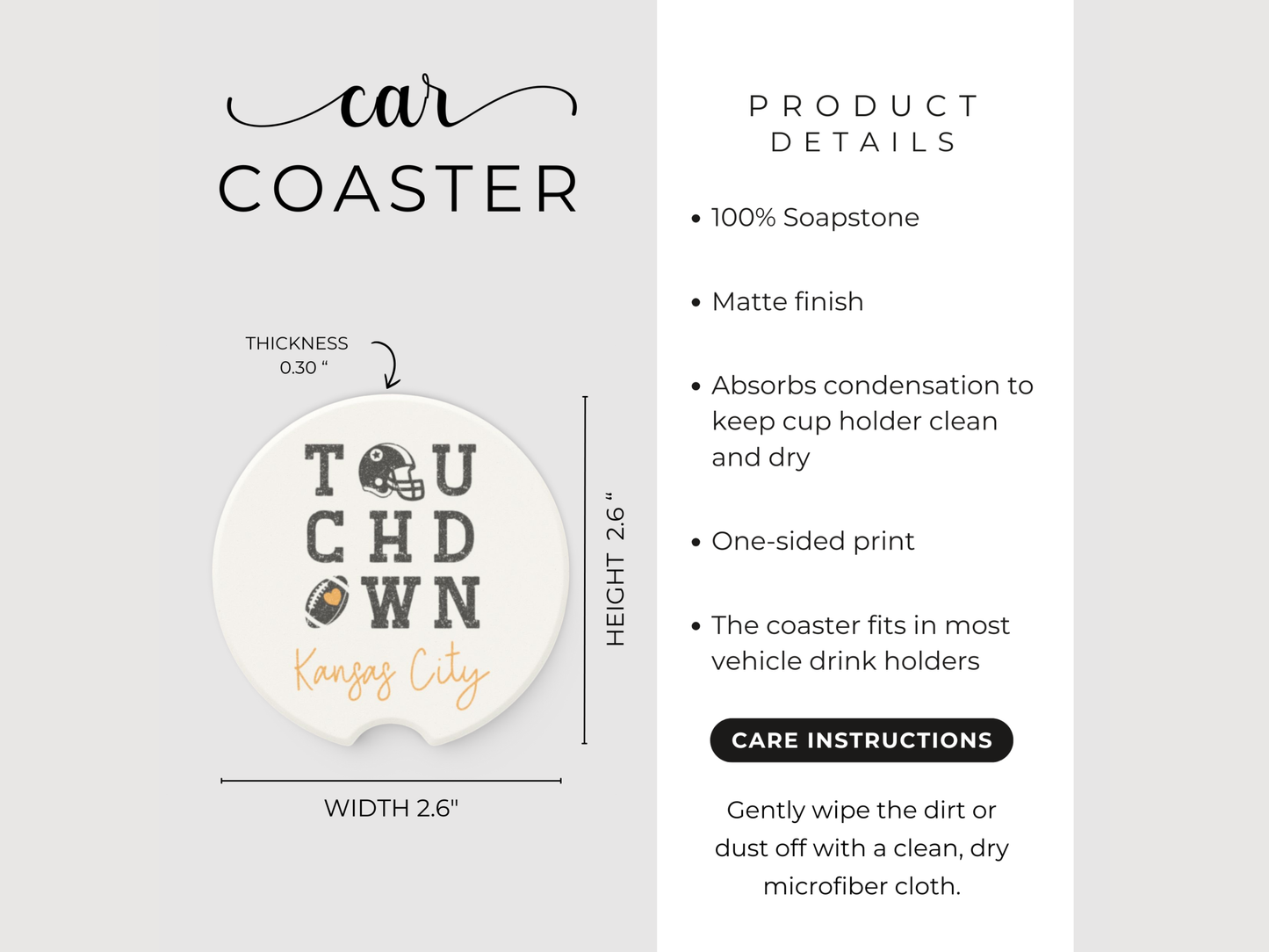 Car coaster product details with dimensions and care instructions on a white background