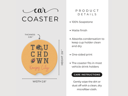 Product details of a car coaster with branding and specifications.