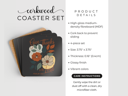 Corkwood coaster set with floral design on a white background