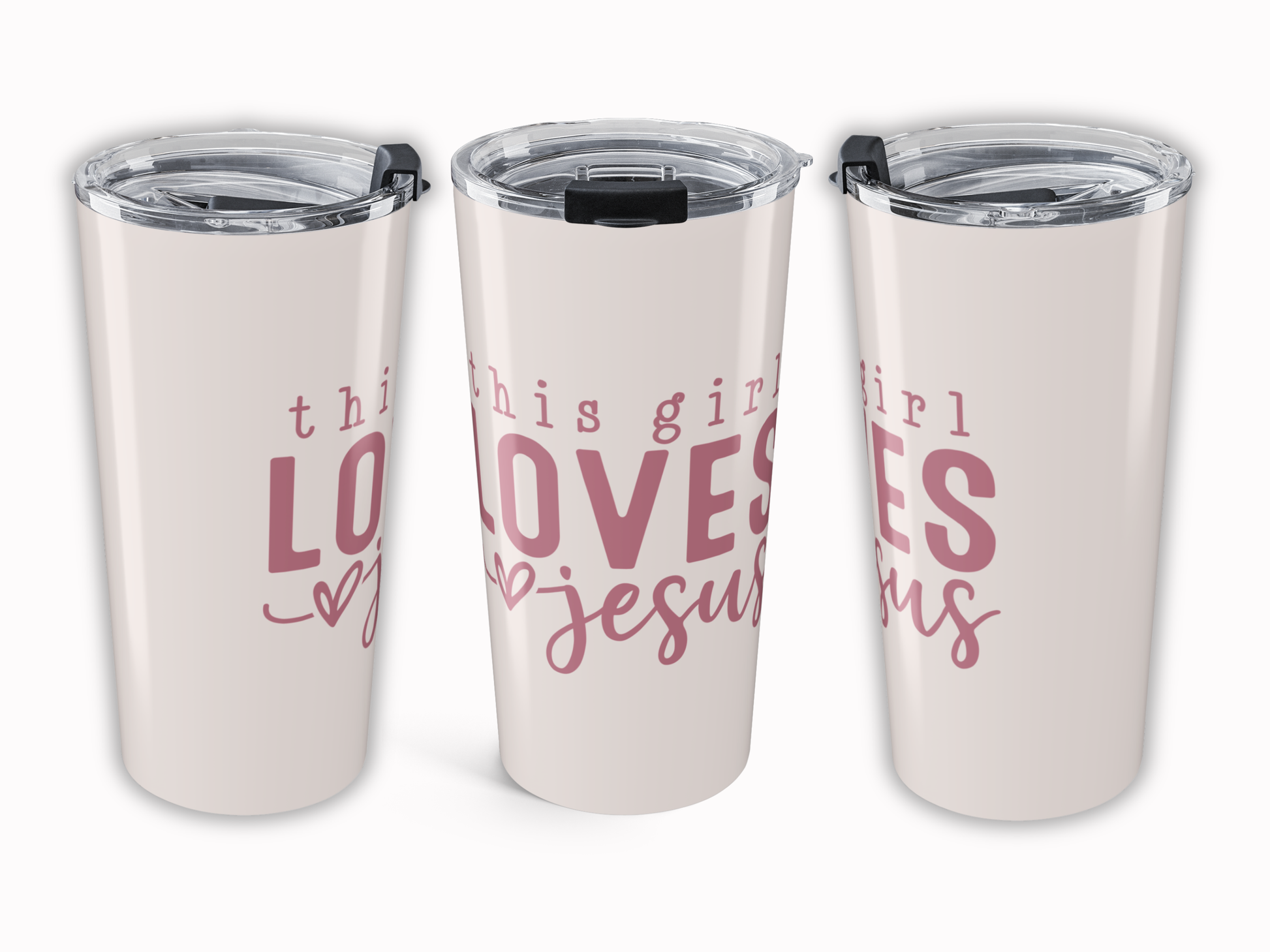 Three pink tumblers with pink text on a white background