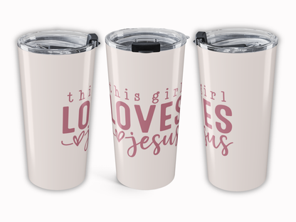 Three pink tumblers with pink text on a white background