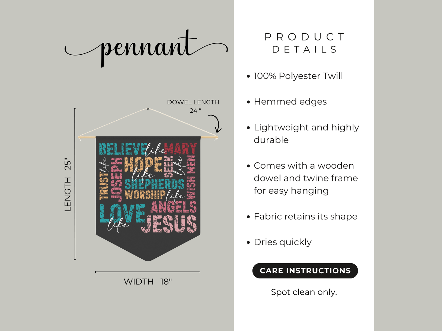 Product details of a pennant with text and dimensions on a gray background